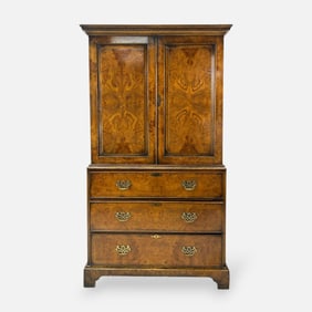 Antique Bench Made Walnut Burl Secretary Desk Cabinet