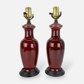 Pair Antique Chinese Qing Oxblood Porcelain Table Lamps