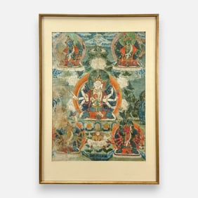 Antique Tibetan Buddhist Thangka Cloth Painting Framed