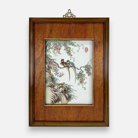 Chinese Songbirds Resting on Flowering Tree Painting on Porcelain Framed