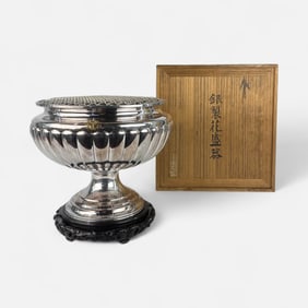 Large Japanese Meiji Silver Pedestal Bowl Flower Arranger w/Wood Box