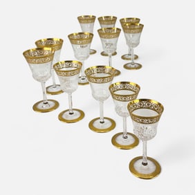 Twelve Saint Louis Gilt Crystal French Thistle Stemware Wine Glasses