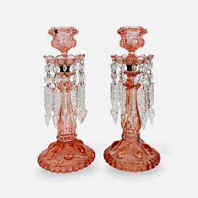 Pair Antique Baccarat Rose Tiente Pink Glass Candlesticks