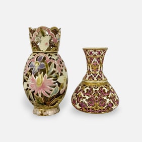 Two Antique Zsolnay Porcelain Pierced Reticulated Art Pottery Vases