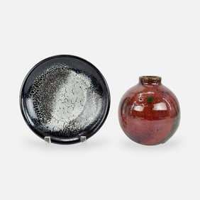 Two Japanese Studio Art Pottery Vase and Plate