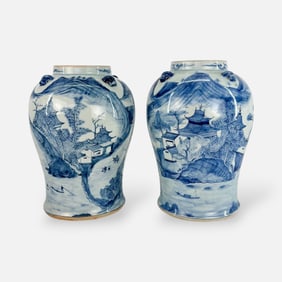 Pair Large Antique Chinese Qianlong Blue and White Porcelain Baluster Jars