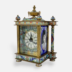 Vintage Chinese Brass Cloisonne Mantel Clock w/Hand Painted Enamel