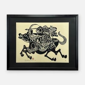 Yoshitoshi Mori 1980 Archer on Horseback Large Japanese Woodblock Stencil Print Framed