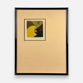 Hiroshi Kabe 1970 Modernist Cute Birds Japanese Color Woodblock Framed Print