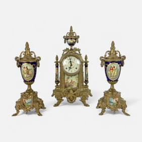 1960s German Antique Style Painted Porcelain Mantel Clock Garniture Set