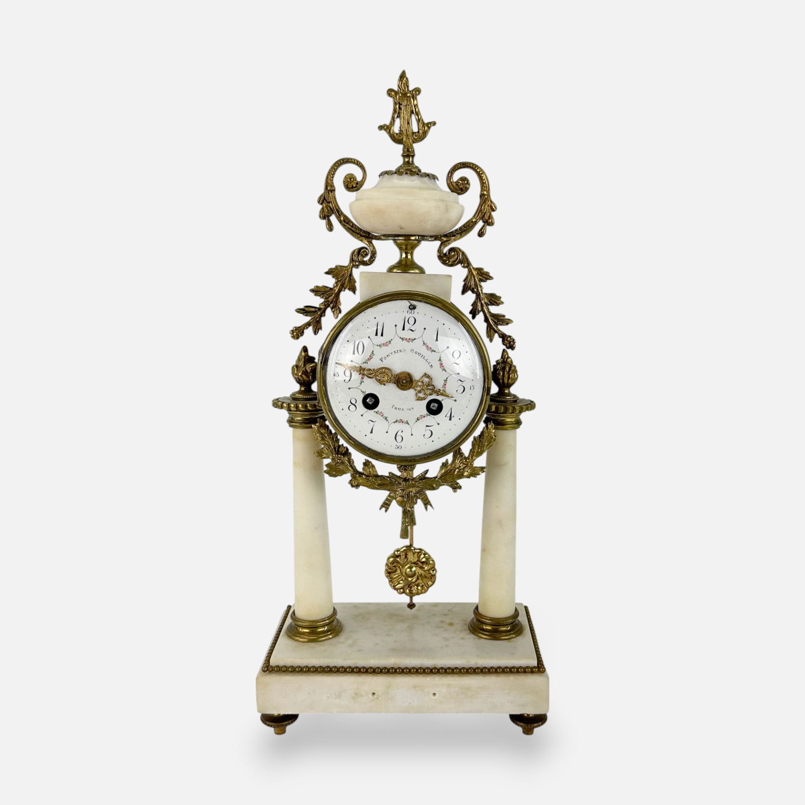 Antique French Marble and Brass Mantel Clock: Very good as shown, with minor age-appropriate surface wear. Simple integrated shipping with LiveAuctioneers LiveShipping is now available. Bidders may still arrange their own shipping which may be mo