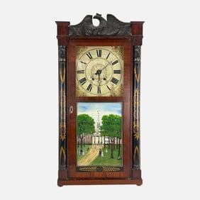 Antique American Classical Eglomise Shelf Clock Reverse Painted Glass