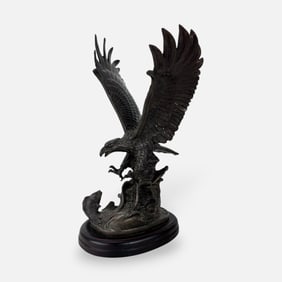 Bernard Kim 1985 Bald Eagle Hunting Fish Bronze Sculpture on Wood Base