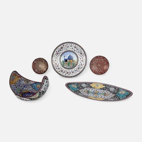 Five Hand Painted Persian Metal Enamel Articles incl Kashkul Beggars Bowl Charger