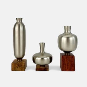Three Brushed Steel Decorative Vases Urns