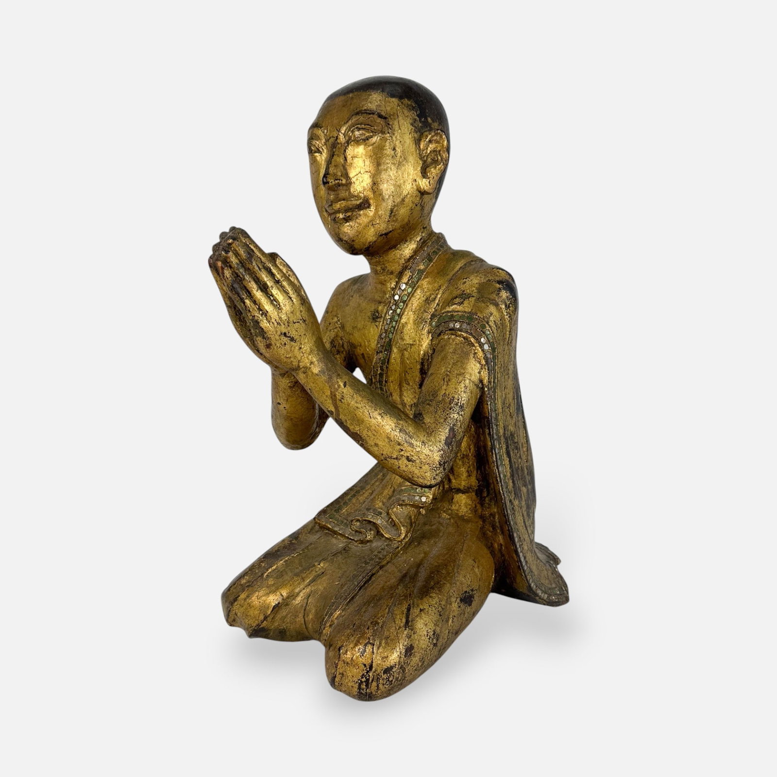 Antique Burmese Mandalay Seated Monk Carved Gilt Wood Sculpture: With shown age-cracks, gilt loss. Simple integrated shipping with LiveAuctioneers LiveShipping is now available. Bidders may still arrange their own shipping which may be more economical, please reach