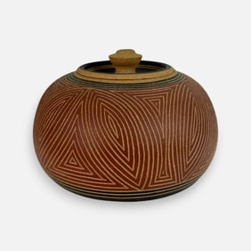 Kenneth Allen 1987 Sgraffito Stoneware Studio Art Pottery Lidded Jar North Carolina Vessel