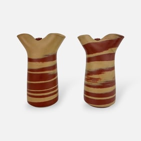 Japanese Studio Art Pottery Artist Signed Swirled Clay Vase Pair