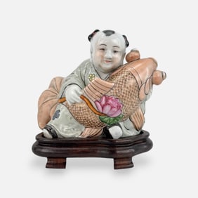 Vintage Chinese Porcelain Figure Man Holding Fish on Wood Base