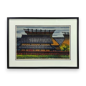 Clifton Karhu "Country Roofs" Scarce 1968 Woodblock Print Framed