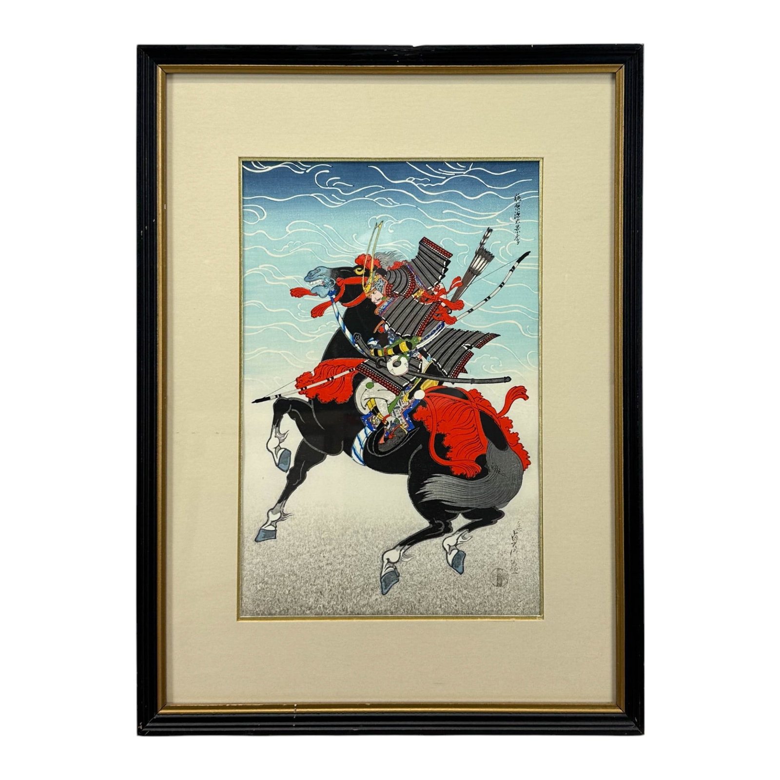 Hasegawa Sadanobu "Warrior Kajiwara Kagesue" Japanese Woodblock Print Framed w/COA: Second of two Japanese warrior on horseback prints by Hasegawa Sadanobu in this auction. See COA to reverse. Very good sight condition. Framed, matted, and sealed under acrylic. Unexamined out of fram