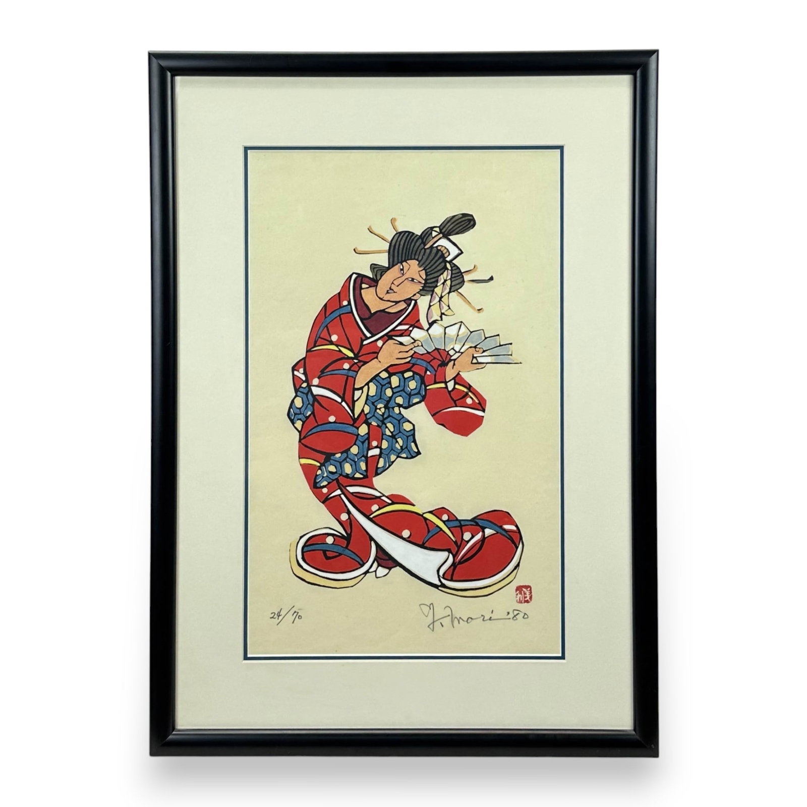 Hiroshi "Yo" Iwashita Kabuki Actress 1980 Japanese Woodblock Framed Print: Framed Japanese woodblock print depicting a Kabuki theater actress by Japanese artist Hiroshi "Yo" Iwashita (b. 1917). Good sight condition, with minor creases, spots of discoloration. Framed, matted,