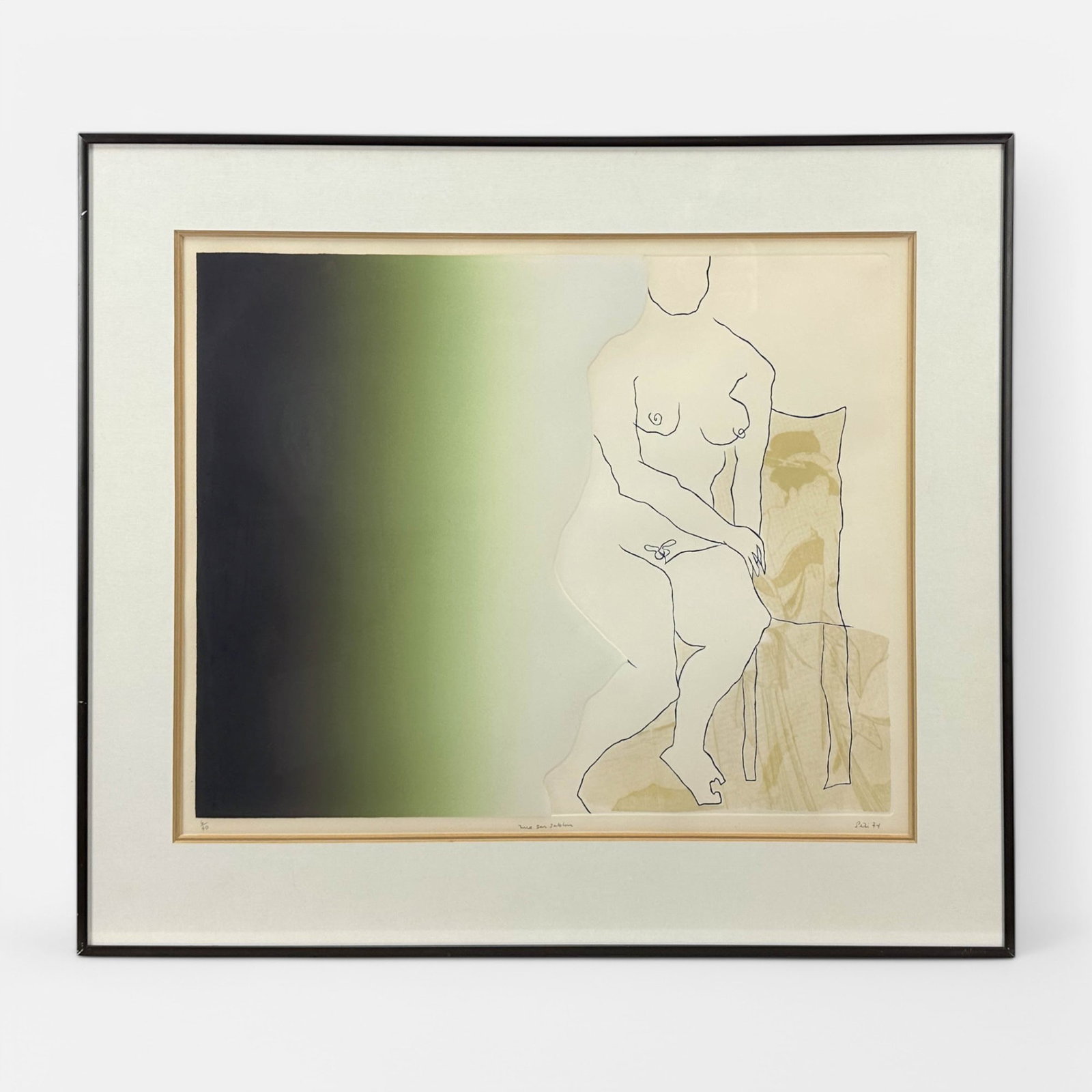 Artist Signed 1974 Serigraph Nude Woman w/Japanese Ukiyo-e Embossed Background #1: Pencil signed, titled, dated, and numbered #6/40 below image. Approx. image size 16 1/2" x 20 3/4". Framed, matted, and sealed under glass. Unexamined out of frame. Very good sight condition as shown.