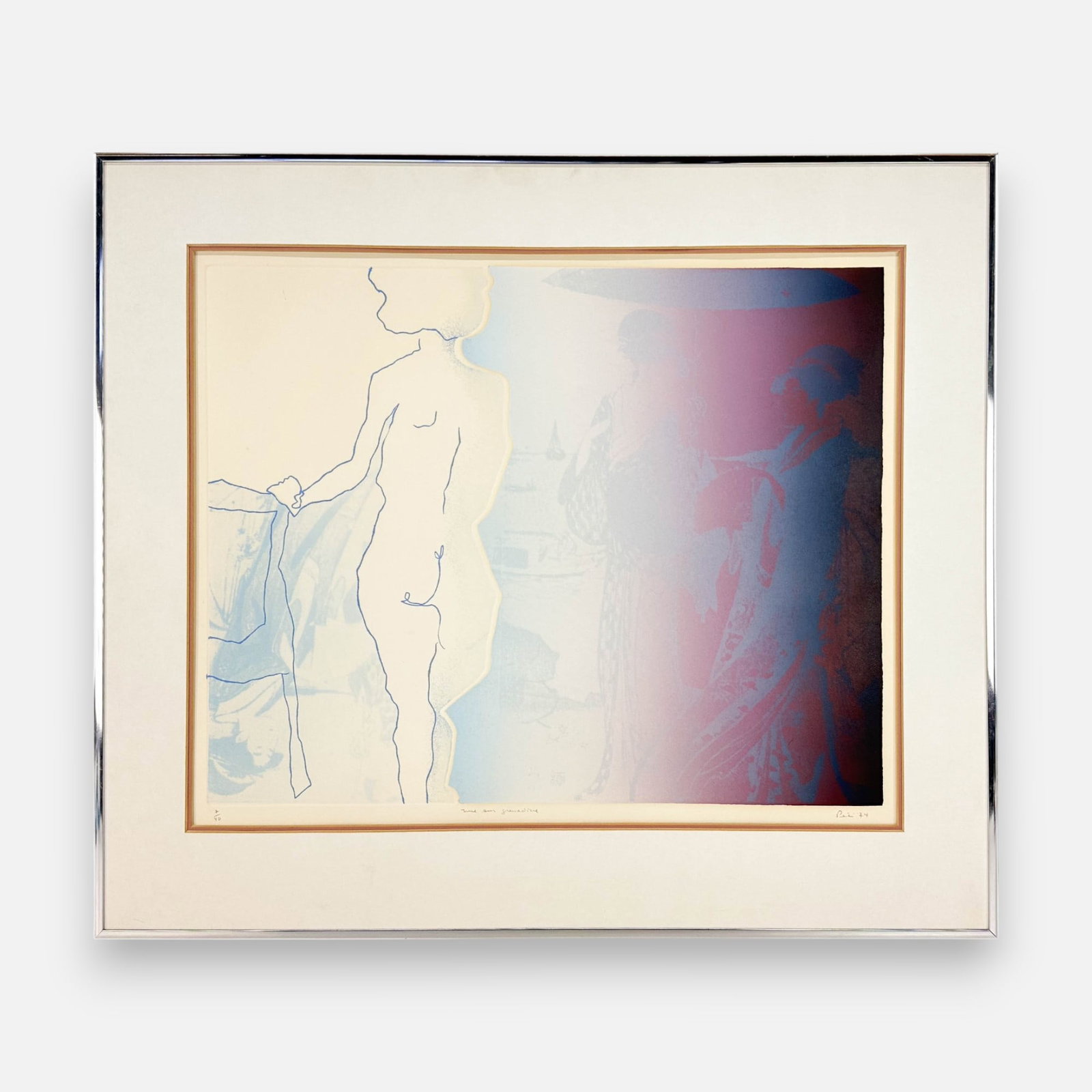 Artist Signed 1974 Serigraph Nude Woman w/Japanese Ukiyo-e Embossed Background #2: Pencil signed, titled, dated, and numbered #7/40 below image. Approx. image size 16 1/2" x 20 3/4". Framed and matted, glass has been removed from this frame. Good overall, with a few minor dents. Sim