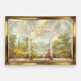 Very Large Italian Floral Landscape Oil on Board Framed Painting
