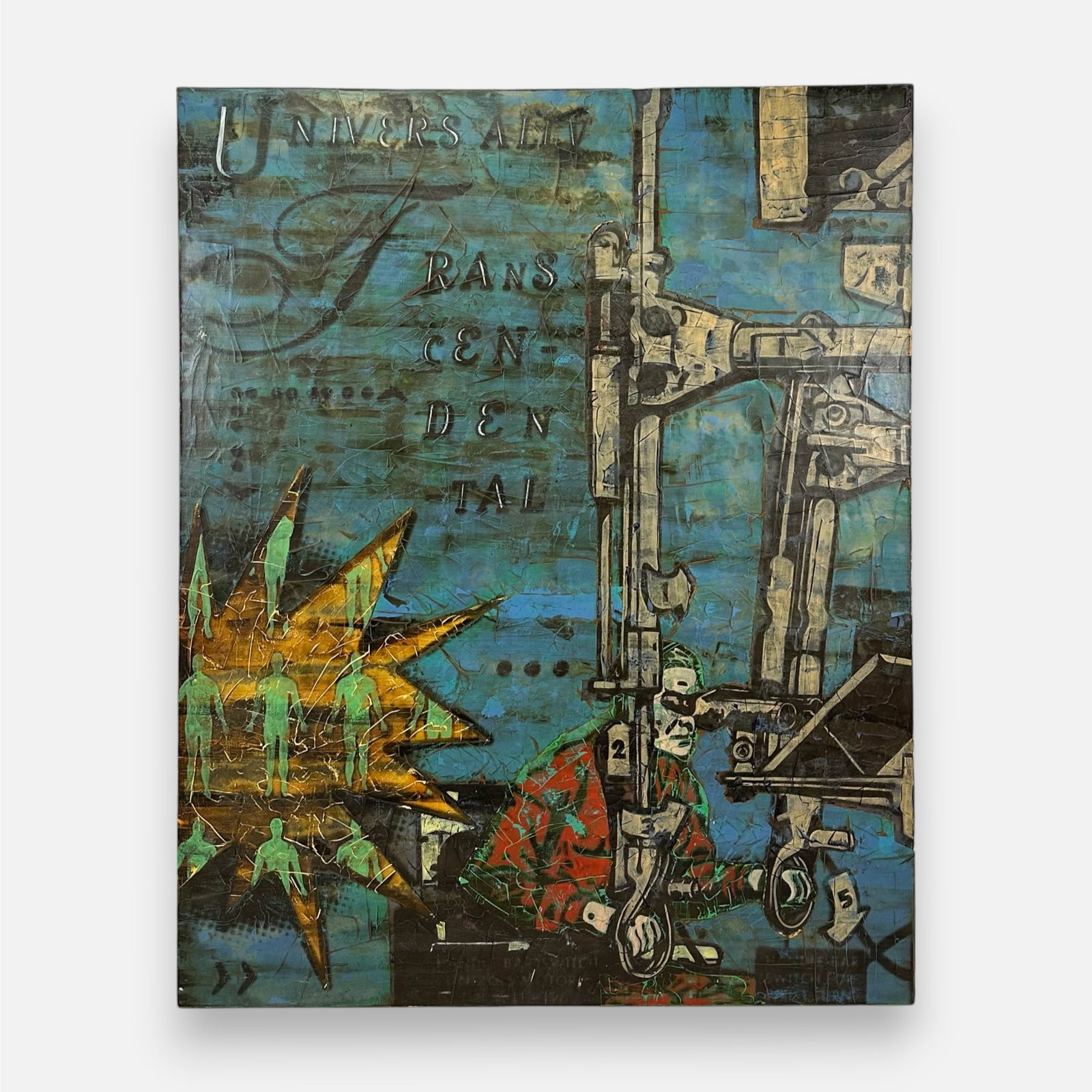 Ca. 2000. "Astro Apparation" Signed and Dated Mixed Media on Canvas Board Painting: Good overall condition. See sticker to reverse for details. Signed as shown. Simple integrated shipping with LiveAuctioneers LiveShipping is now available. Bidders may still arrange their own shipping