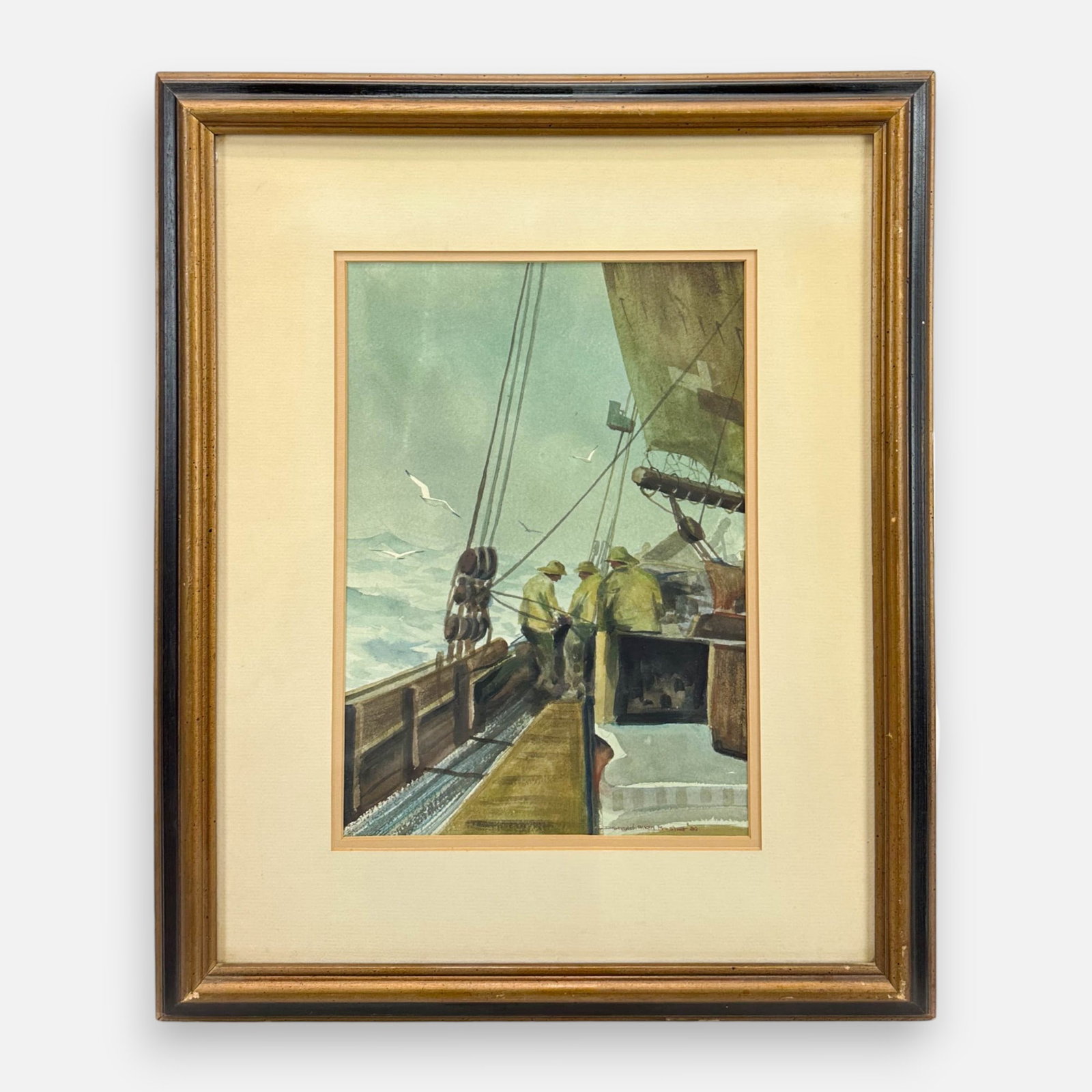 Donald Allen Mosher "Hauling The Catch" Watercolor on Papaer Painting Framed: Signed and dated 1980 lower right. Very good sight condition. Framed, matted, and sealed under glass. Unexamined out of frame. Unexamined out of frame. Approx. sight size 14" x 9 1/4". Simple integrat