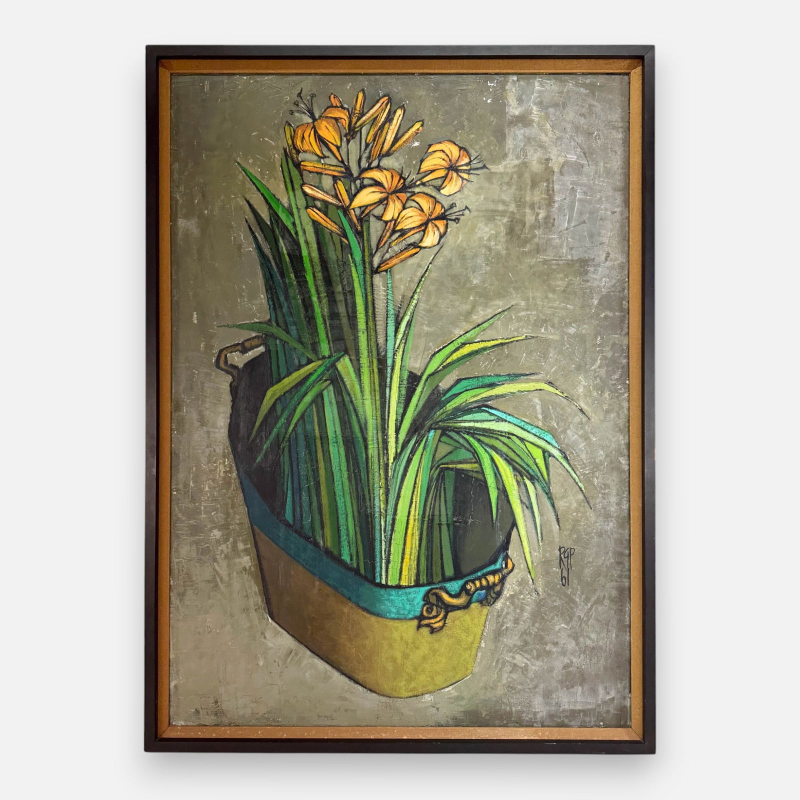 RQP Signed 1961 Large Original Oil on Board Still Life Framed Painting: Signed "RQP 61" lower right. Fair overall condition, with spots of craquelure, loss, scratches, and scuffs. Please enlarge photos for a better idea of condition specifics. Approx. board size 41 3/4" x