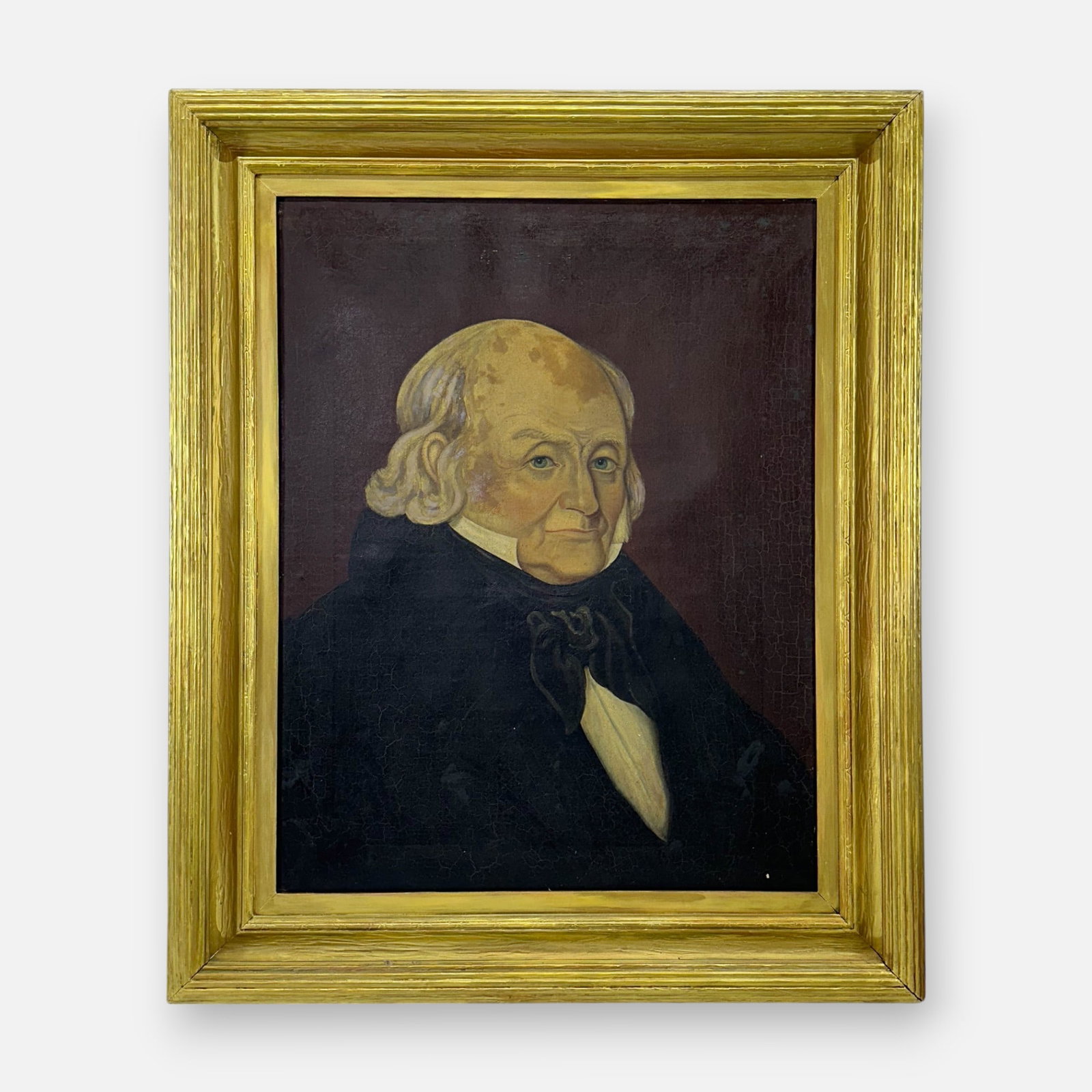 Antique 1837 American Portrait of a Man Oil on Canvas Framed Painting: Fair to good overall age-appropriate condition, see fading, discoloration, overall craquelure, multiple repairs, square impression to canvas from stretcher. "April 1837 T. H" to reverse of canvas. App