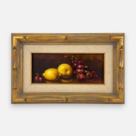 Fruit Still Life w/Lemons and Grapes Oil on Canvas Framed Painting Illegibly Signed