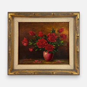 Rose Bouquet Still Life Oil on Canvas Framed Painting Illegibly Signed