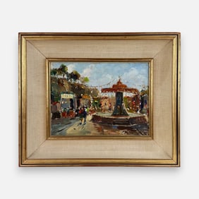 Festival Scene Oil on Board Framed Painting Illegibly Signed
