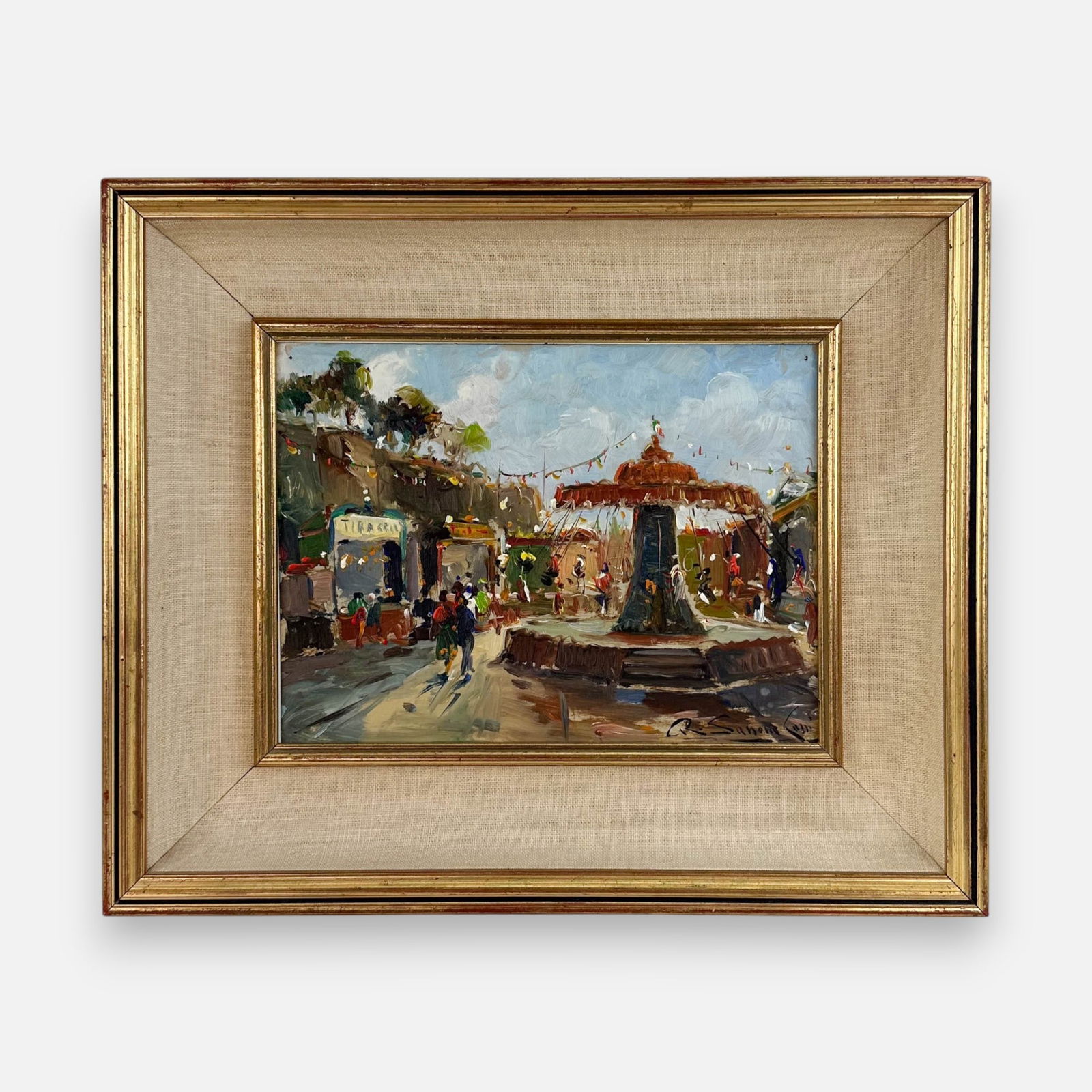 Festival Scene Oil on Board Framed Painting Illegibly Signed (1 of 7)