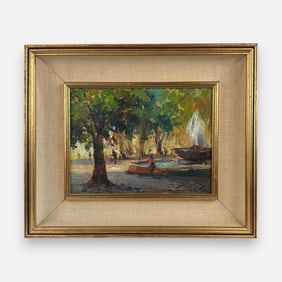 Park Fountain Scene Oil on Board Framed Painting Illegibly Signed