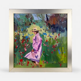 Jose Trujillo Woman in Flower Garden Impressionist Impasto Oil on Canvas Framed Painting
