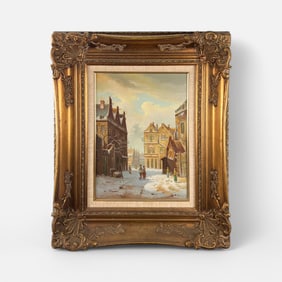 European Oil on Board Framed Urban Town Painting Signed Marino