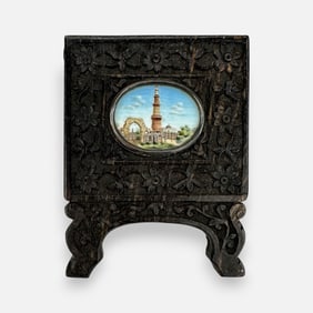 Miniature Antique 19thC Indian Qutb Minar British Raj Painting in Carved Hard Wood Frame
