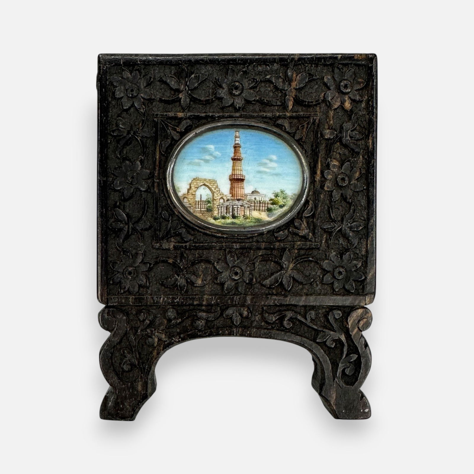 Miniature Antique 19thC Indian Qutb Minar British Raj Painting in Carved Hard Wood Frame (1 of 5)