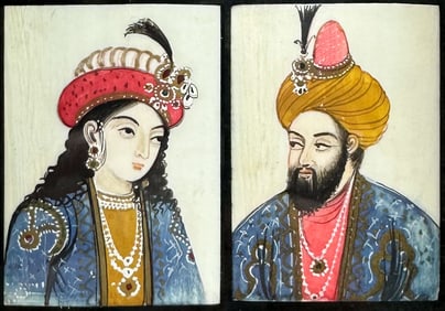 Antique Indian Mughal Miniature Painted Portraits Intricately Carved Wood Two-Door Frame
