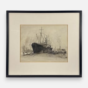 Aaron Sopher "Bull Line Pier, Baltimore" Original Watercolor on Paper Framed Painting