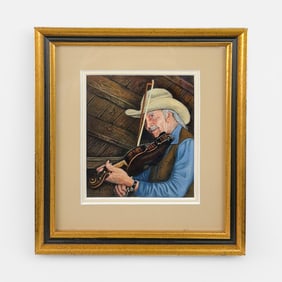 Jean M. Boyers "Fiddler" Framed Miniature Acrylic on Board Realism Painting