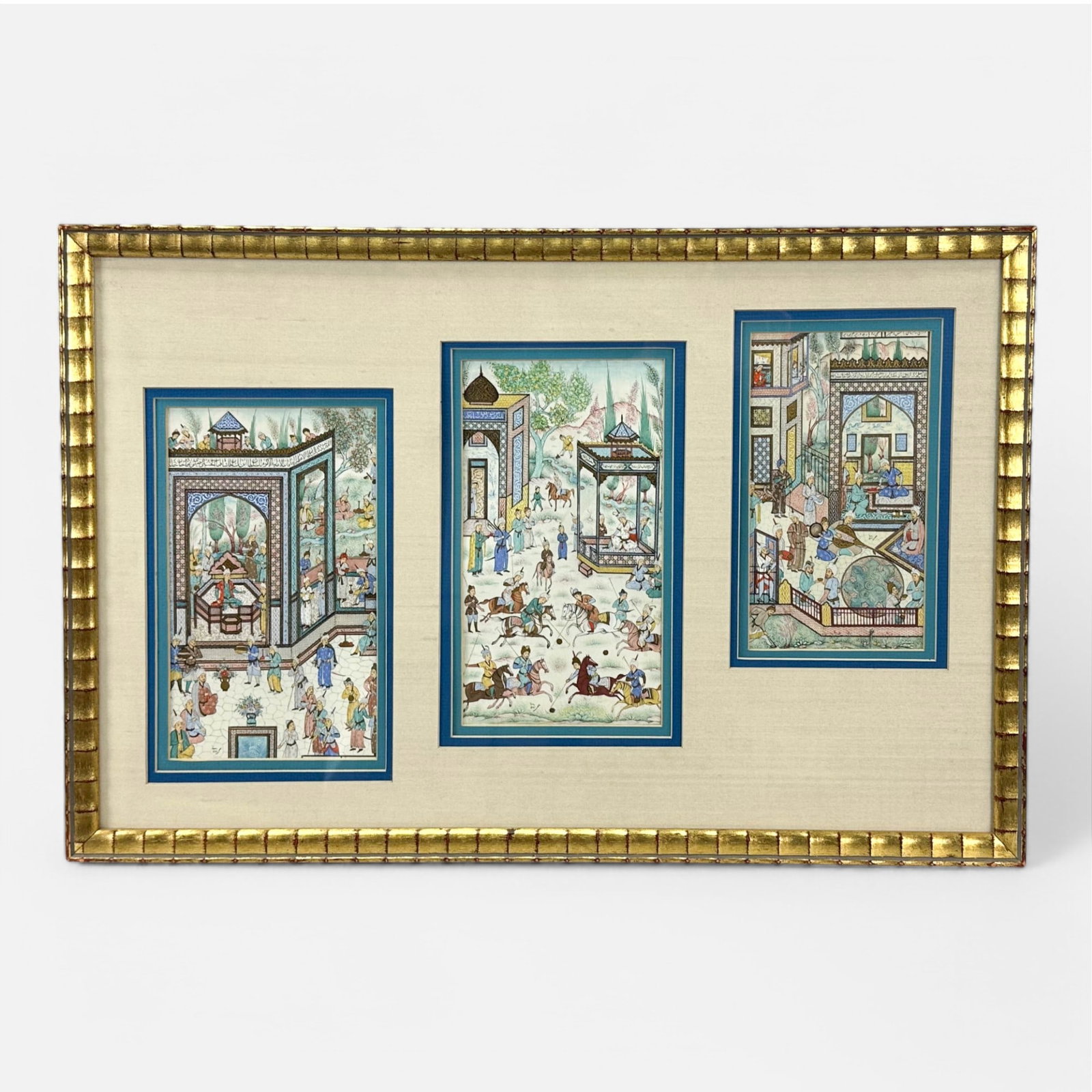 Rohani Indo-Persian Miniature Moghul Court Paintings Framed Triptych Polo Players: Ca. 20thC. Each painting signed. Very good condition. Framed, matted, and sealed. Unexamined out of frame. Approx. sight size 9" x 4 3/4". Simple integrated shipping with LiveAuctioneers LiveShipping 