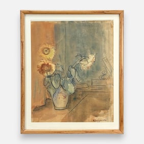 Nenko Balkanski "Still Life with Sunflowers" Watercolor on Paper Framed Painting