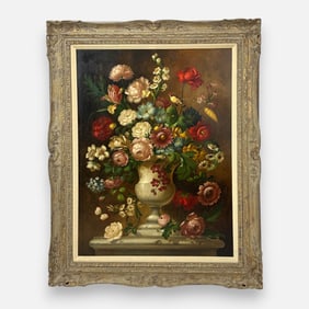 Eulalio Garcia Mata Flowers in a Vase Still Life Oil on Canvas Framed Painting
