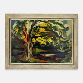 Maria Josephy 1957 Large Oil on Canvas Framed Cubist Landscape Painting