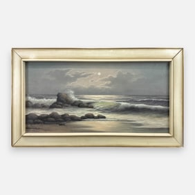 Cornelius Schippers Moonlight Rocky Beach Oil on Canvas Framed Seascape Painting